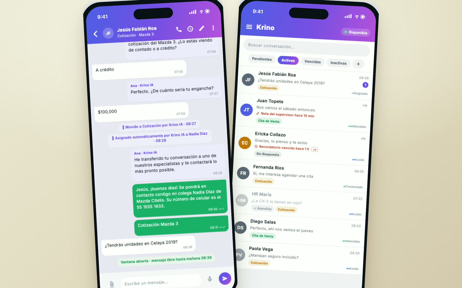 App móvil de Krino: chat del agente de IA y bandeja de ventas por WhatsApp